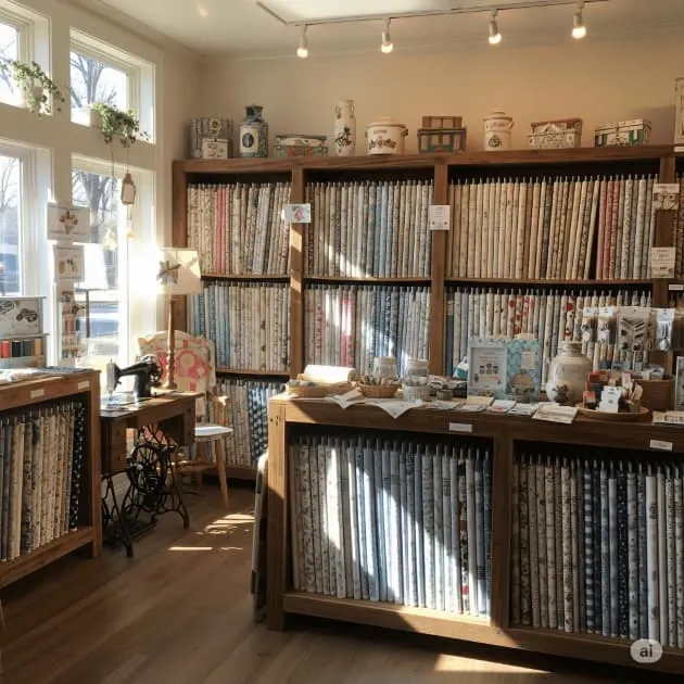 bolts of colorful fabrics on shelfs by colors, with small and large prints each on the same shelf with the appropriate colors.