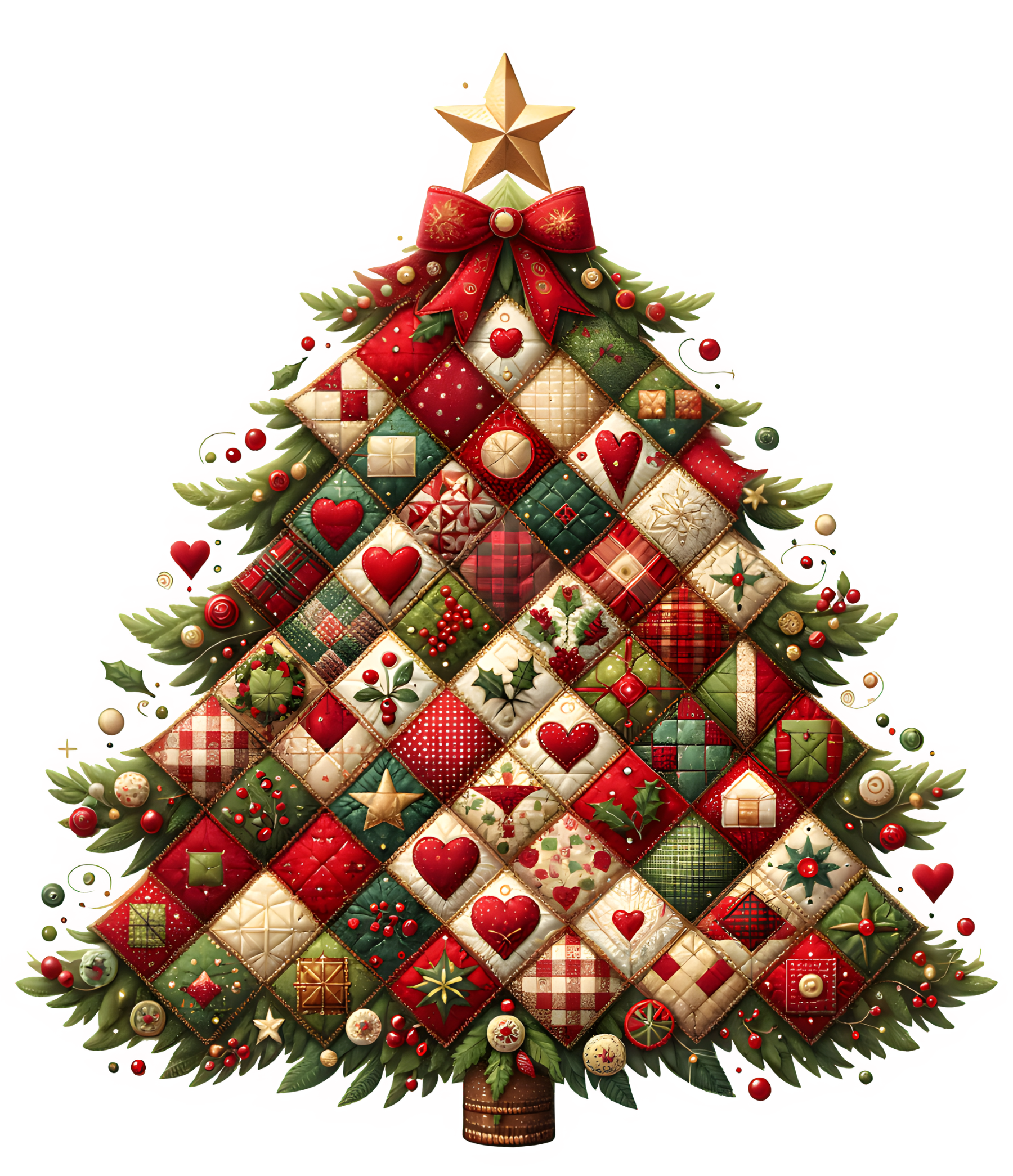 Decorative quilted Christmas tree made of patchwork squares in traditional red, green, and cream holiday fabrics, topped with a gold star and red bow