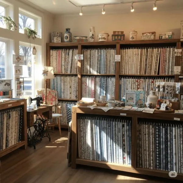 bolts of colorful fabrics on shelfs by colors, with small and large prints each on the same shelf with the appropriate colors. 